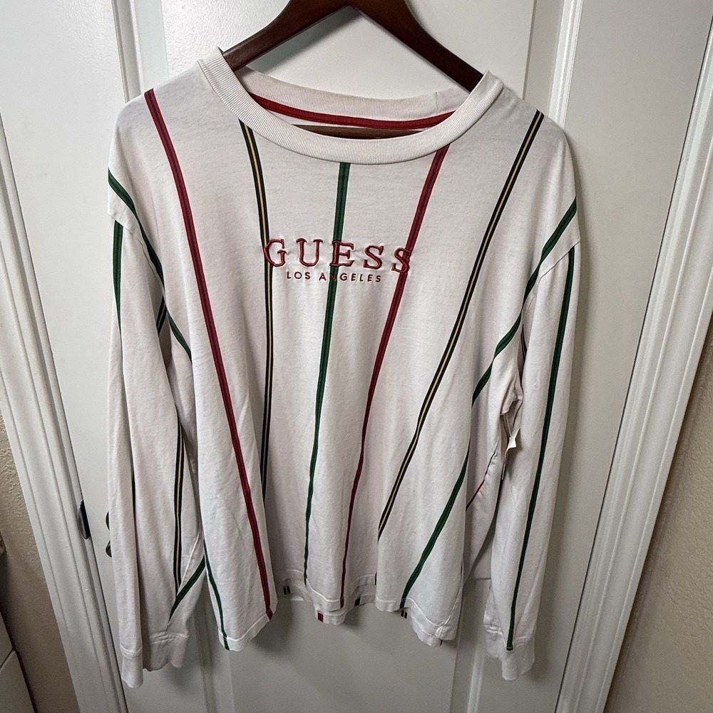 GUESS Los Angeles Mens L White Multicolor Stripe Long Sleeve Embroidered Shirt